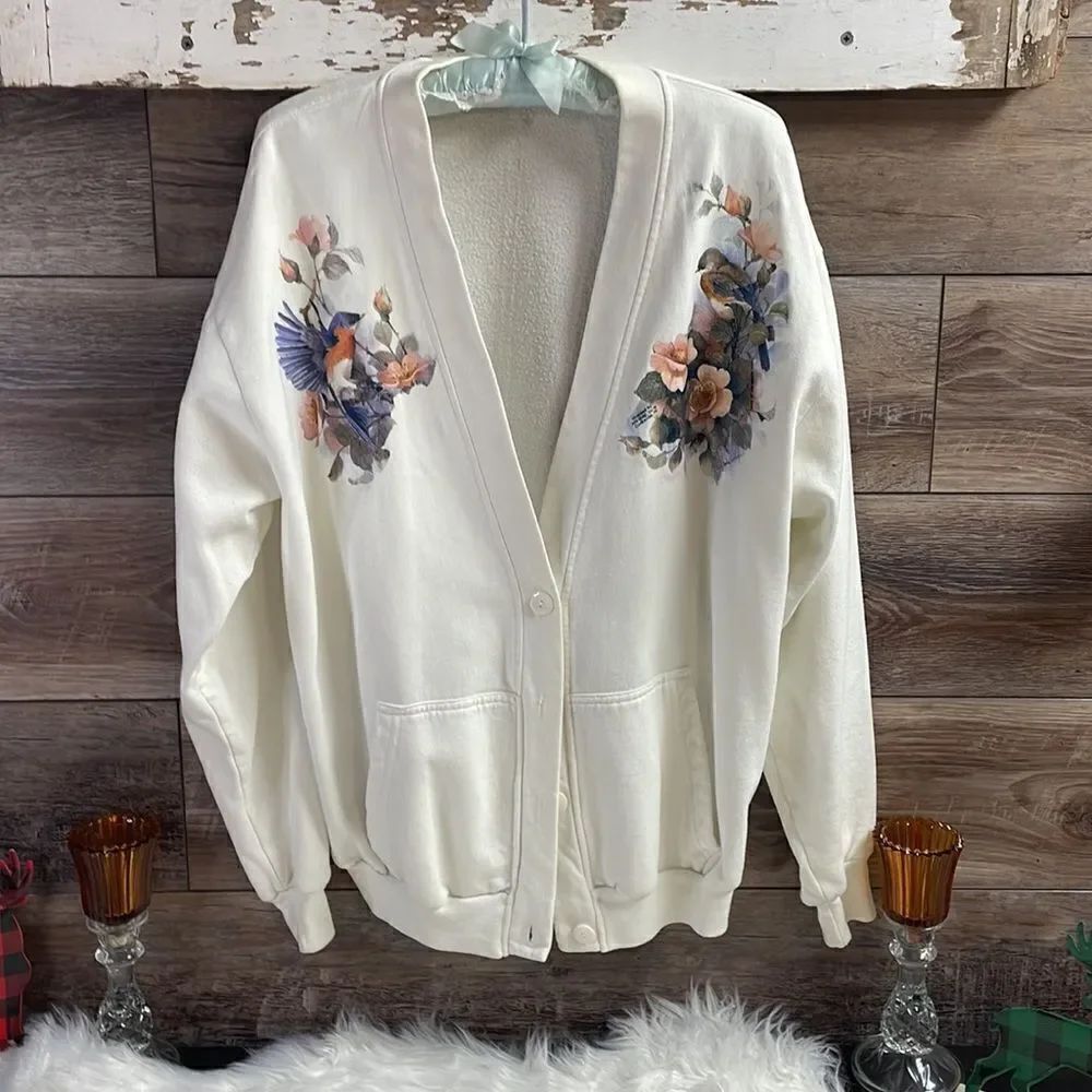 Ladies Button Up Cardigan Jacket, Size Large, White with Birds and Floral Design